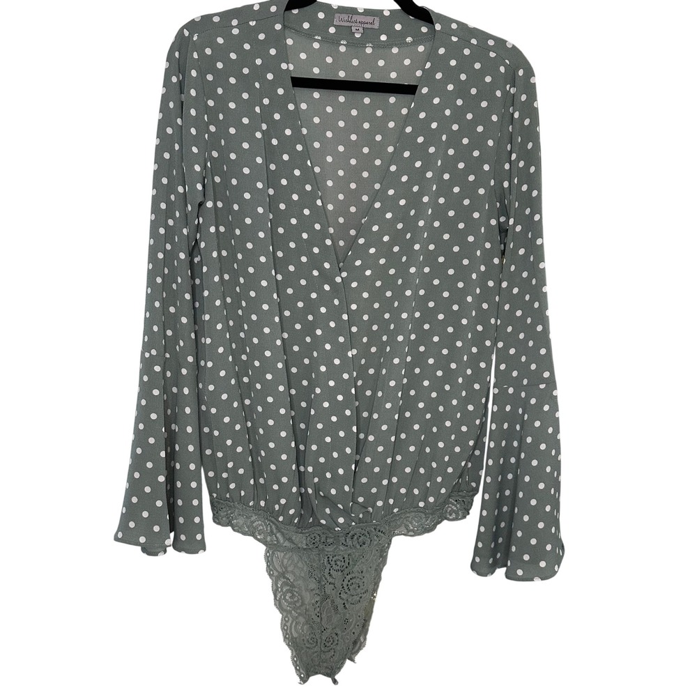 Wishlist Apparel‎ Polka Dot Bell Sleeve Lace Trim Bodysuit Sage Green Medium